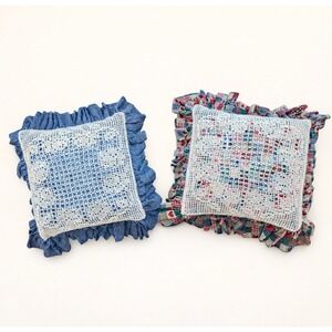 Vintage Handmade Crochet Ruffle Pillow Pair Blue & Patchwork Country Cottage